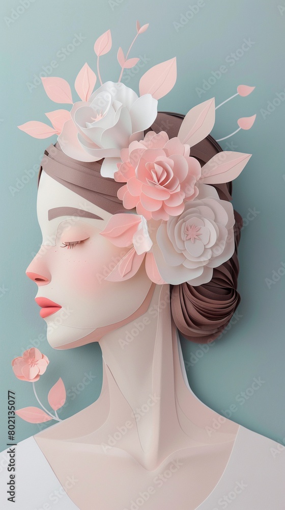3D paper art style card of a young mother with floral hair decorations.