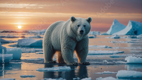 A polar bear is standing on a melting ice floe in the Arctic Ocean. The bear is looking at the camera. The background is a vast expanse of ice and water. The sky is a gradient of orange and yellow.  