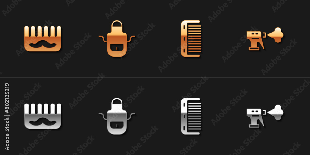 Set Hairbrush, Barber apron, and Hairdresser pistol spray bottle icon. Vector Set Hairbrush, Barber apron, and Hairdresser pistol spray bottle icon. Vector