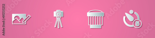 Set paper cut Photo retouching, camera, Camera photo lens and timer icon. Paper art style. Vector