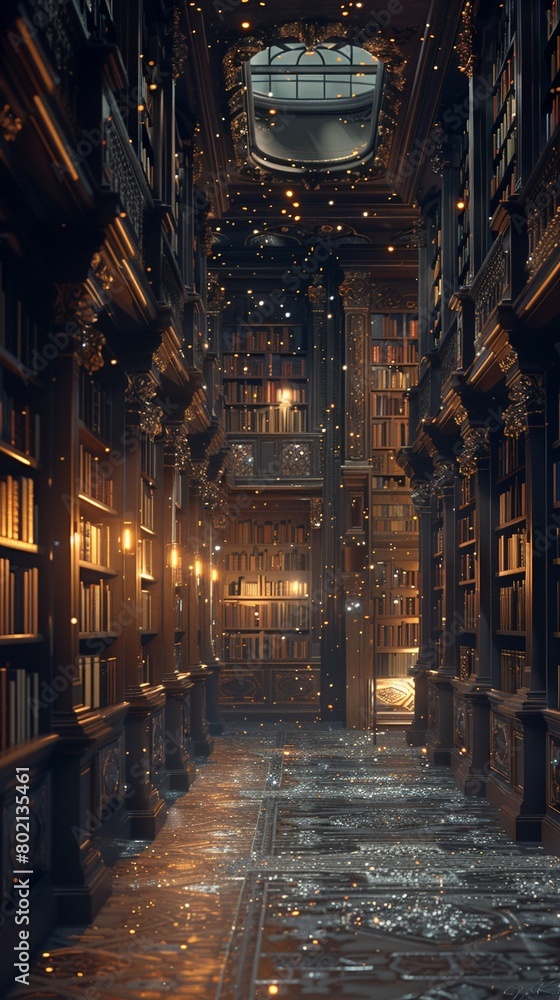 3D scene of a magical library, bookshelves filled with shimmering.