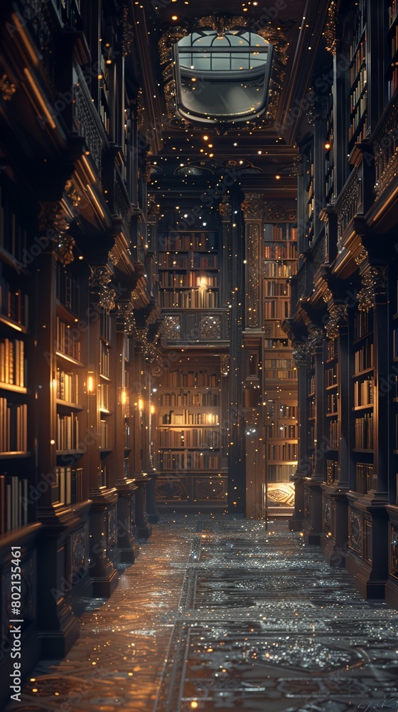 Fototapeta premium 3D scene of a magical library, bookshelves filled with shimmering.