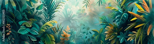 A lush tropical jungle scene with vibrant green vegetation and colorful flowers
