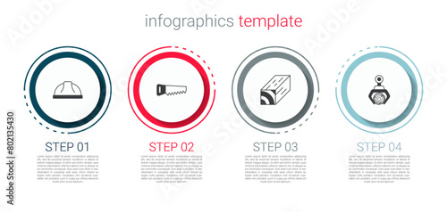 Set Worker safety helmet, Hand saw, Wooden beam and Grapple crane grabbed log. Business infographic template. Vector