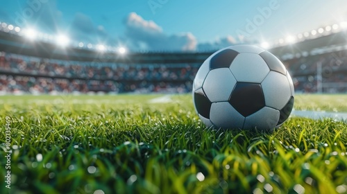 Closeup soccer ball on grass of football field at stadium