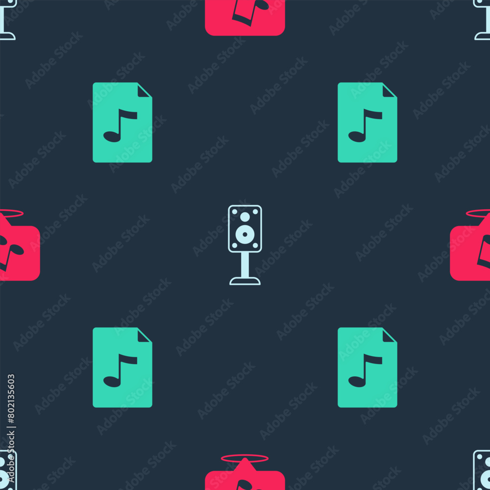 Set Music note, tone, Stereo speaker and MP3 file document on seamless pattern. Vector Set Music note, tone, Stereo speaker and MP3 file document on seamless pattern. Vector