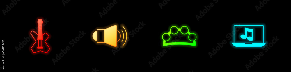 Set Electric bass guitar, Megaphone, Tambourine and Laptop with music icon. Vector Set Electric bass guitar, Megaphone, Tambourine and Laptop with music icon. Vector
