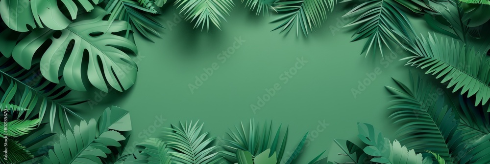 This vibrant image features a rich green background surrounded by various shades of green tropical leaves, offering a refreshing and natural setting with ample copy space for text insertion. Perfect f This vibrant image features a rich green background surrounded by various shades of green tropical leaves, offering a refreshing and natural setting with ample copy space for text insertion. Perfect f