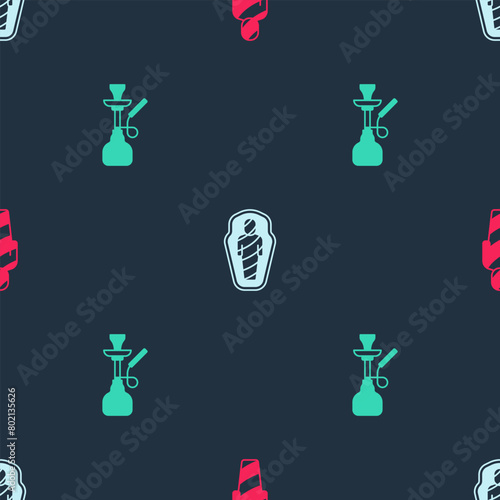 Set Egypt mummy, in sarcophagus and Hookah on seamless pattern. Vector
