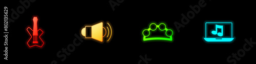 Set Electric bass guitar, Megaphone, Tambourine and Laptop with music icon. Vector
