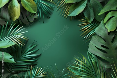 This vibrant image features a rich green background surrounded by various shades of green tropical leaves  offering a refreshing and natural setting with ample copy space for text insertion. Perfect f
