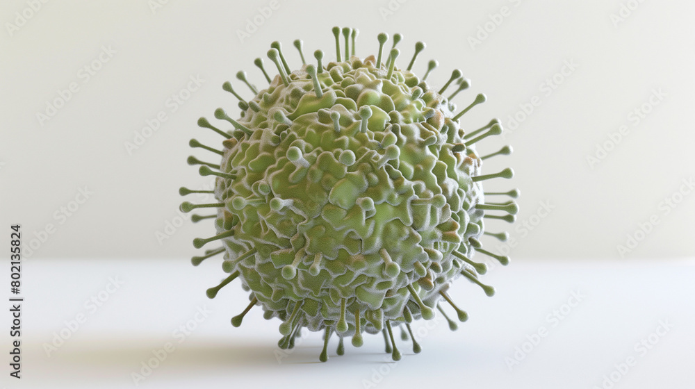 A striking 3D render showcasing a single flu virus against a clean white background, emphasizing its detailed structure and composition. The flu virus is meticulously designed, featuring its character