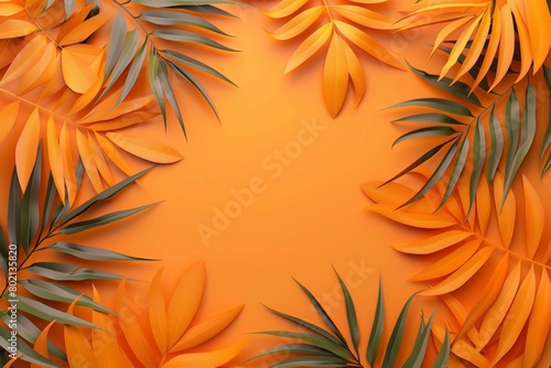This image captures a vibrant orange backdrop with tropical leaves strategically placed to offer rich texture and visual appeal  plus significant copy space for creative projects