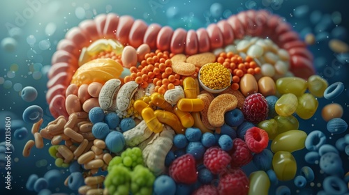 An insightful 3D rendering image depicting the functions of the stomach, including storage of ingested food, mechanical breakdown, and initial digestion of proteins by pepsin photo