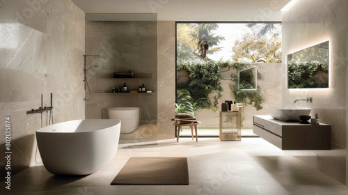 A bathroom with a large bathtub and a small sink. The bathroom is very clean and well-lit
