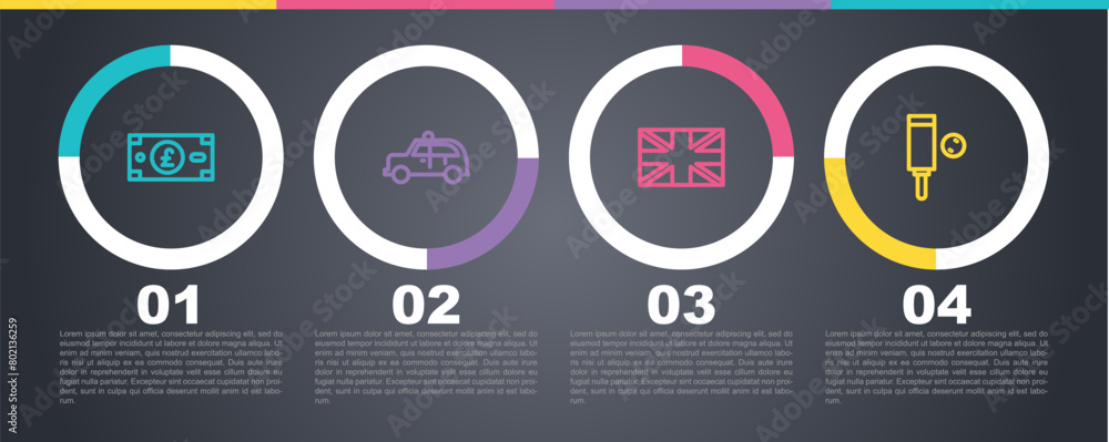 Set line Pound sterling money, Taxi car, Flag of Great Britain and Wood cricket bat and ball. Business infographic template. Vector Set line Pound sterling money, Taxi car, Flag of Great Britain and Wood cricket bat and ball. Business infographic template. Vector