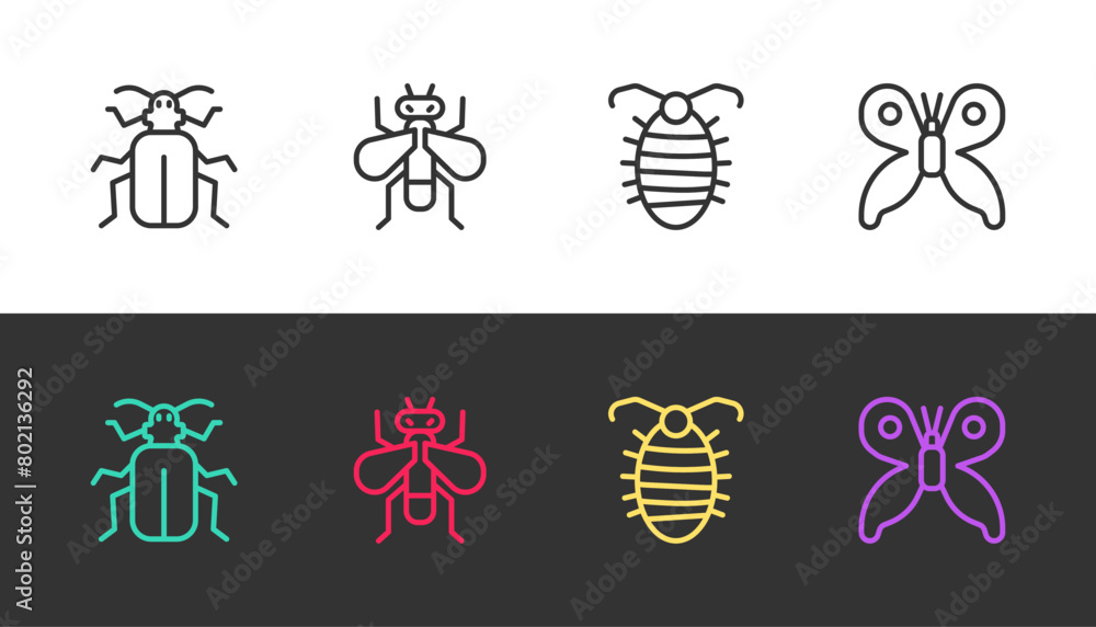 Set line Chafer beetle, Insect fly, Larva insect and Butterfly on black and white. Vector Set line Chafer beetle, Insect fly, Larva insect and Butterfly on black and white. Vector