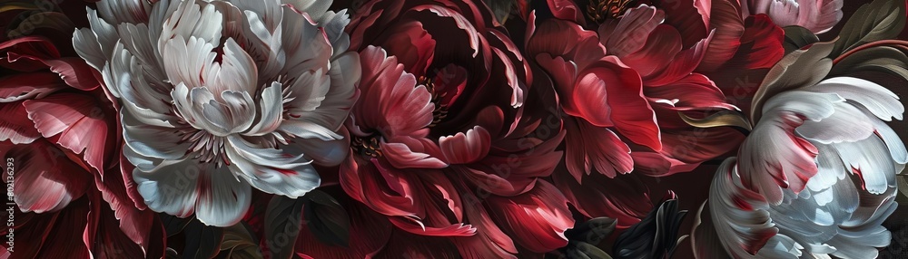 A beautiful painting of a bouquet of red and white peonies. The flowers are painted in a realistic style, and the colors are vibrant and lifelike