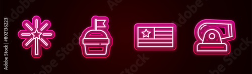 Set line Firework, Cake, American flag and Cannon. Glowing neon icon. Vector