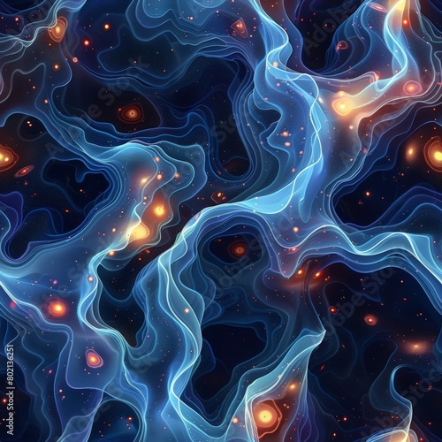 A seamless pattern wallpaper art of Merge the ethereal glow of quantum computing with distant horizons, blending futuristic elements with the vastness of unexplored landscapes 