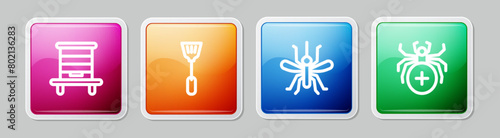 Set line Hive for bees, Fly swatter, Mosquito and Spider. Colorful square button. Vector
