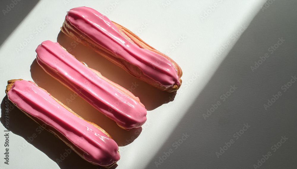 Freshly baked eclairs with pink glazing on white table. Delicious and sweet food. Tasty dessert. Freshly baked eclairs with pink glazing on white table. Delicious and sweet food. Tasty dessert.