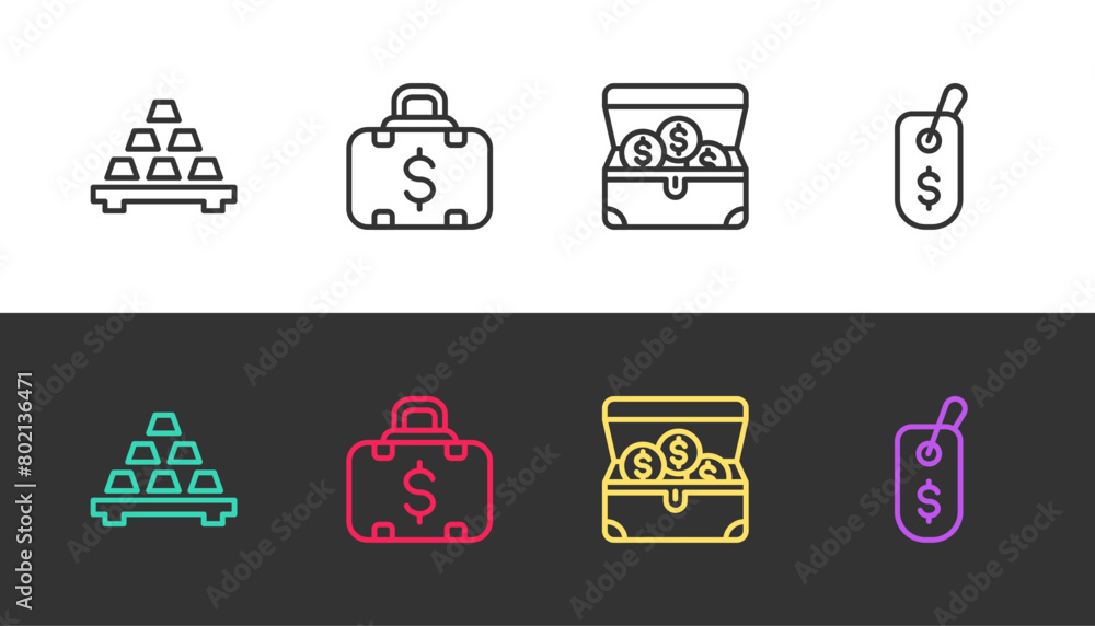 Set line Gold bars, Briefcase and money, Treasure chest and Price tag with dollar on black and white. Vector