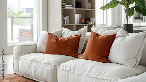 White Fabric Sofa with Terra Cotta Pillows in Modern Living Room: A Close-Up View. Concept Modern Living Room, White Fabric Sofa, Terra Cotta Pillows, Close-Up View, Home Decor © Anastasiia
