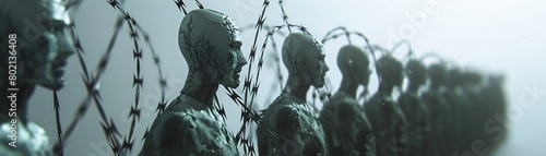 Barbed wire surrounding a group of 3D expressionless people. photo