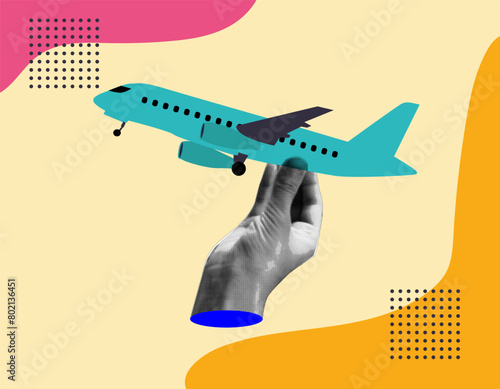 Collage hand holding a plane. Concept design for travel agency. Vector illustration. EPS 10