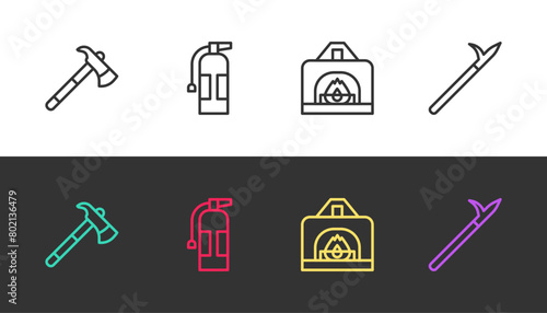 Set line Firefighter axe, extinguisher, Interior fireplace and Metal pike pole on black and white. Vector