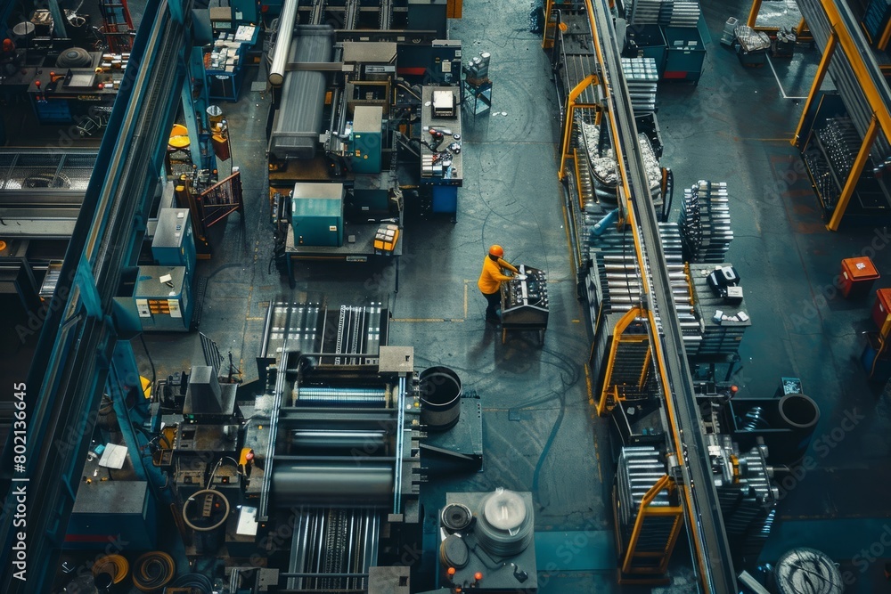 A high-angle view shows a factory worker operating machinery on the factory floor surrounded by industrial equipment