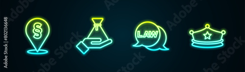 Set line Location law, Bribe money bag, Law and Police cap with cockade. Glowing neon icon. Vector