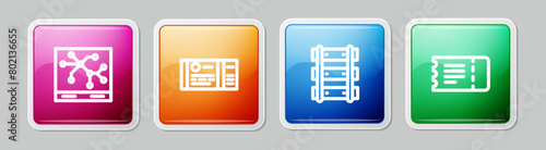 Set line Railway map, Train ticket, Railway, railroad track and . Colorful square button. Vector