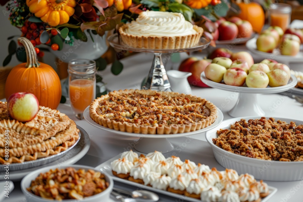 A Thanksgiving dessert table laden with pumpkin pies, apple crisps, and various sweet treats covered in frosting