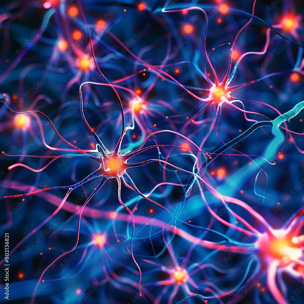 Close-up 3D illustration of neurons firing in the brain during a migraine.