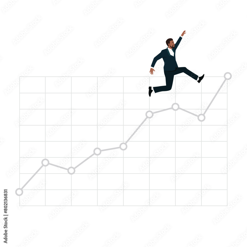 Young Businessman jumping up on stock graph. growth graph and business. Flat vector illustration isolated on white background Young Businessman jumping up on stock graph. growth graph and business. Flat vector illustration isolated on white background