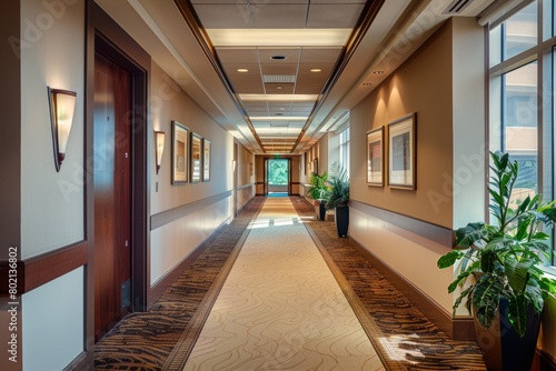 Long hallway in a modern office setting, featuring a potted plant placed in the center, sleek design elements, and ample natural light