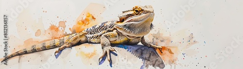 A watercolor painting of a bearded dragon  up close  with a white background. The bearded dragon is looking at the viewer.