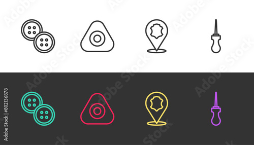 Set line Sewing button, chalk, Leather and Awl tool on black and white. Vector