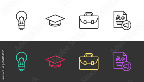 Set line Light bulb with idea, Graduation cap, Briefcase and Exam sheet A plus grade on black and white. Vector