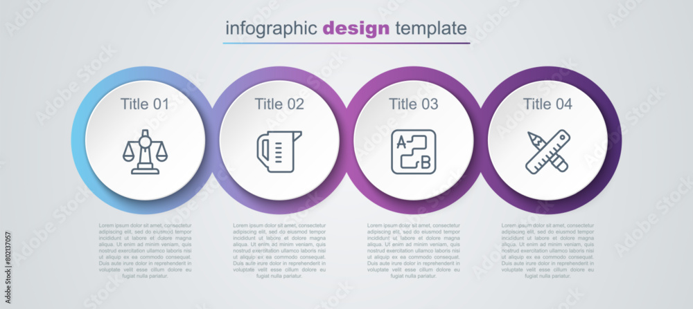 Set line Scales of justice, Measuring cup, Route location and Crossed ruler and pencil. Business infographic template. Vector Set line Scales of justice, Measuring cup, Route location and Crossed ruler and pencil. Business infographic template. Vector