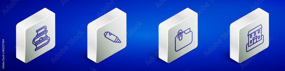 Set Isometric line Book, Marker pen, Document folder with clip and School building icon. Vector Set Isometric line Book, Marker pen, Document folder with clip and School building icon. Vector