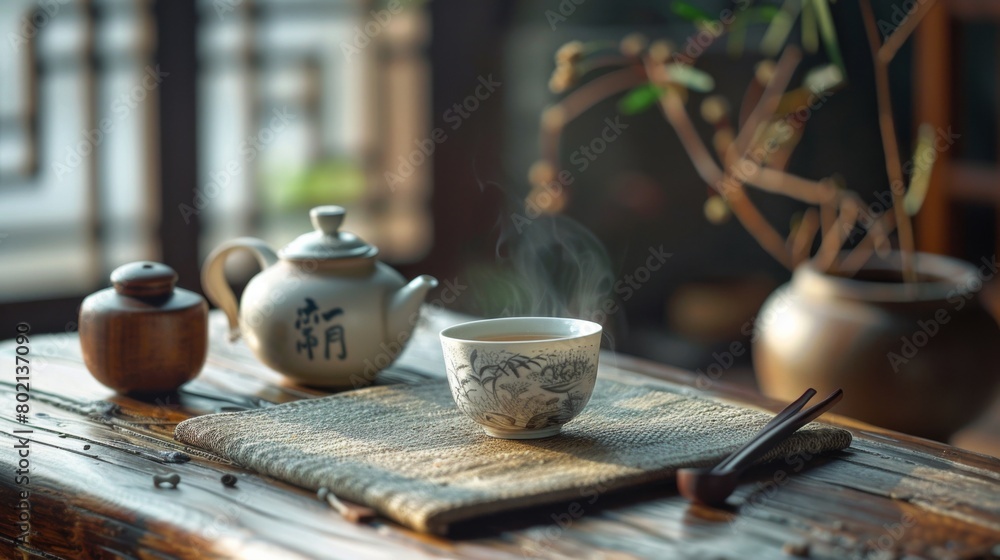 A traditional tea set and delicate teacup, celebrating the ritual and tranquility of tea drinking A traditional tea set and delicate teacup, celebrating the ritual and tranquility of tea drinking