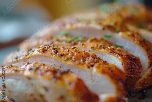 Close-up of sliced roasted chicken breast showcasing tender meat and flavorful seasoning on a white plate