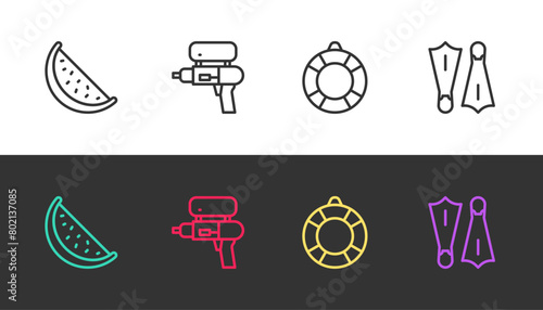 Set line Watermelon, gun, Lifebuoy and Rubber flippers for swimming on black and white. Vector