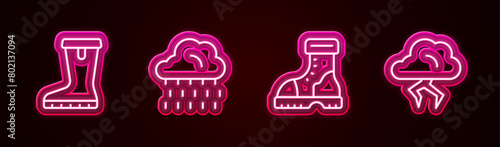 Set line Waterproof rubber boot, Cloud with rain, and Storm. Glowing neon icon. Vector