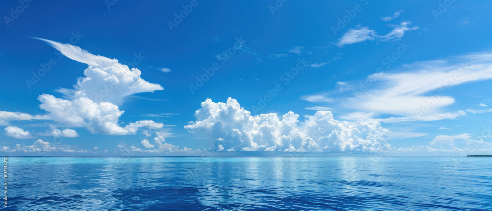 A beautiful blue sky with clouds and a calm ocean A beautiful blue sky with clouds and a calm ocean