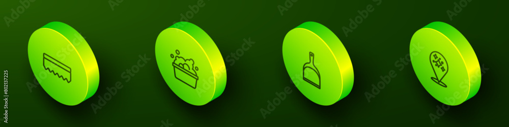 Set Isometric line Sponge, Basin with soap suds, Dustpan and Home cleaning service icon. Vector Set Isometric line Sponge, Basin with soap suds, Dustpan and Home cleaning service icon. Vector