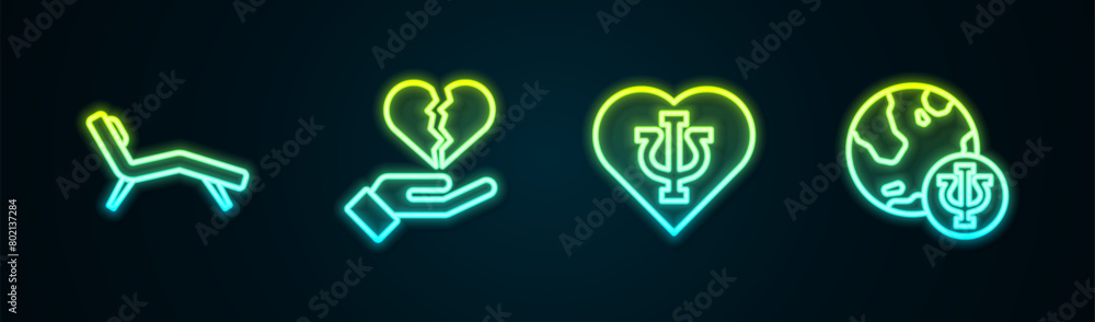 Set line Armchair, Broken heart or divorce, Psychology, Psi and . Glowing neon icon. Vector Set line Armchair, Broken heart or divorce, Psychology, Psi and . Glowing neon icon. Vector